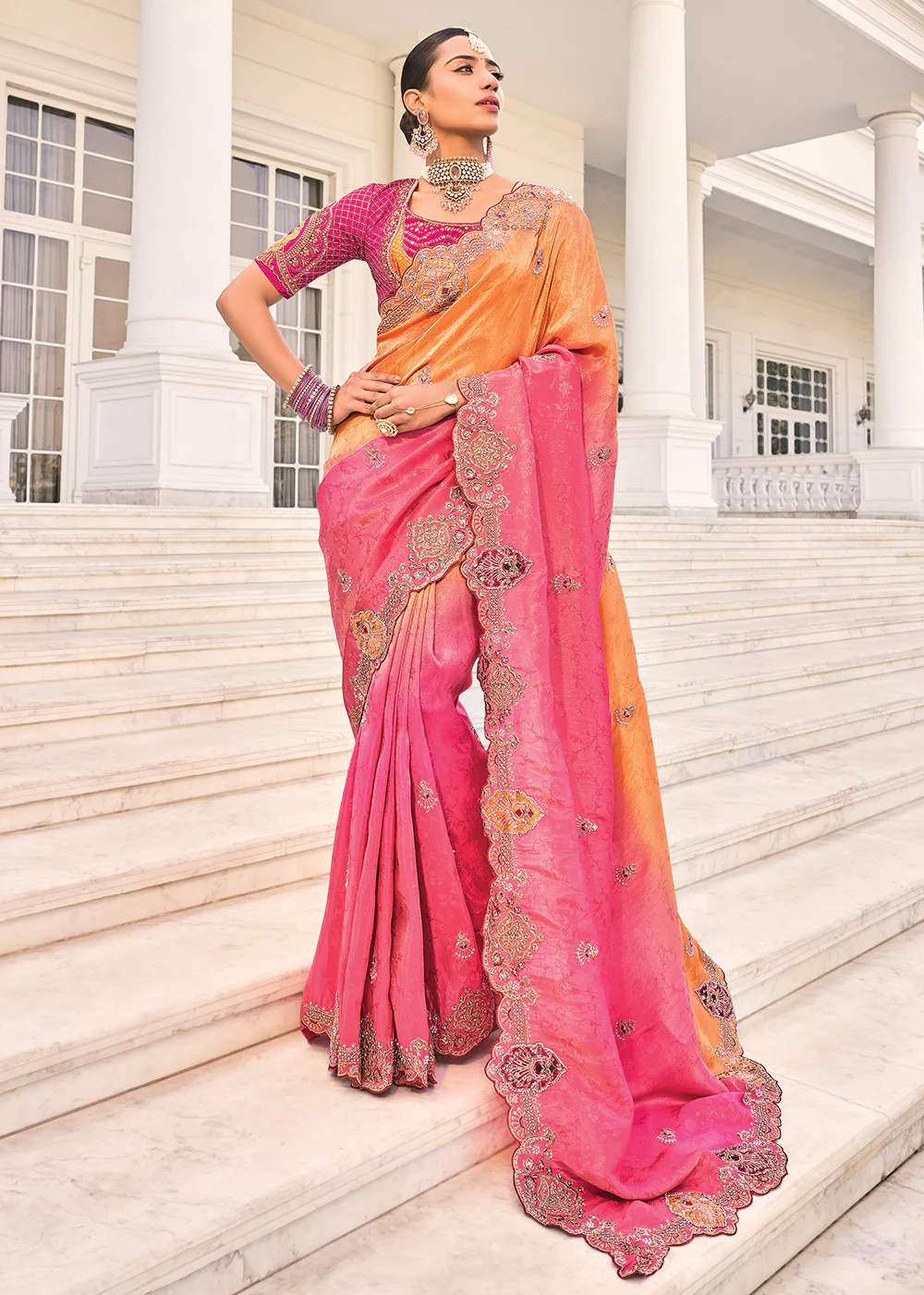 Orange & Pink Heavy Embroidered Wedding Designer Saree