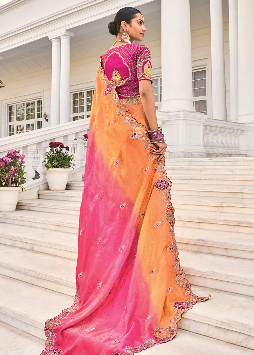 Orange & Pink Heavy Embroidered Wedding Designer Saree - Image 3