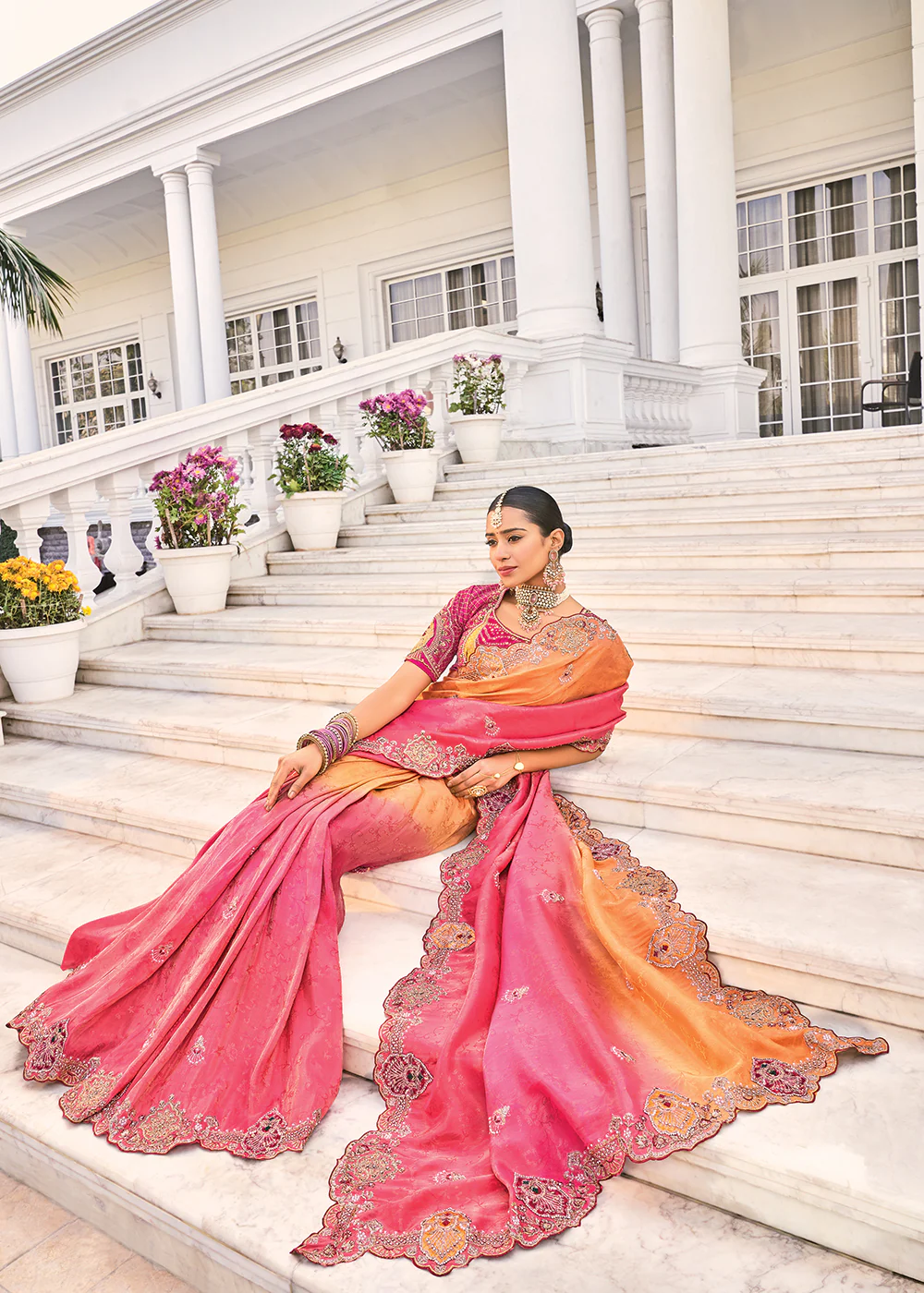 Orange & Pink Heavy Embroidered Wedding Designer Saree - Image 4