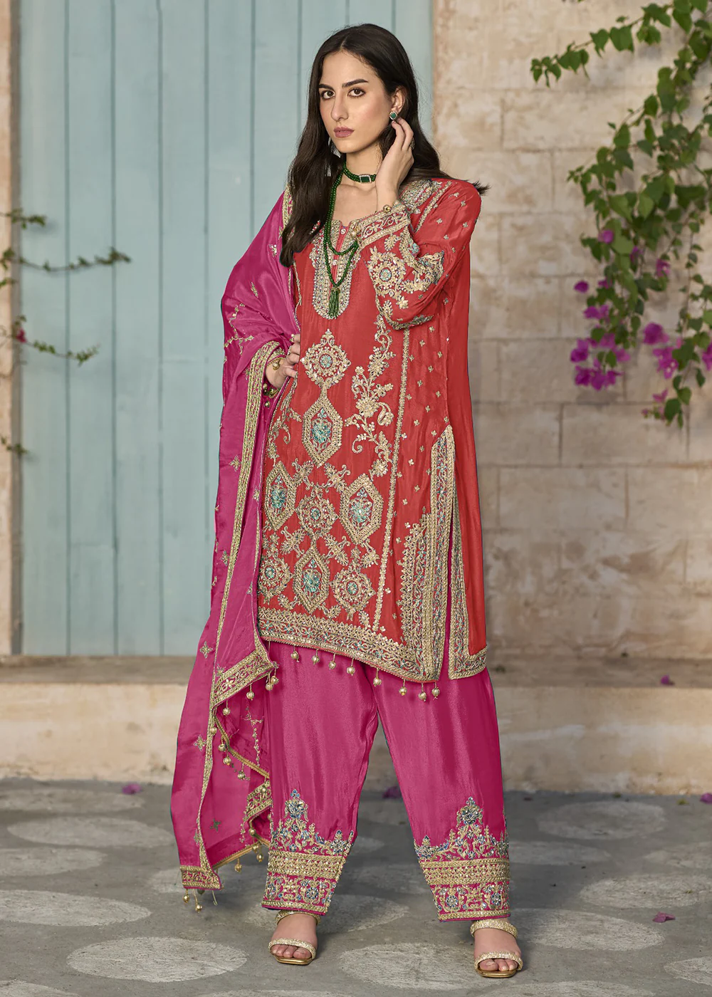 Orange & Pink Pure Chinnon Embroidered Afghani Style Dress