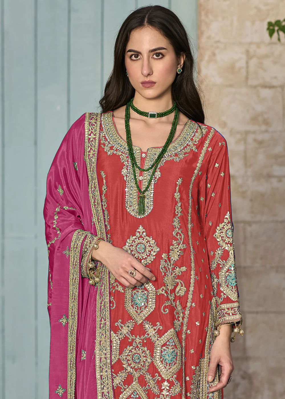 Orange & Pink Pure Chinnon Embroidered Afghani Style Dress - Image 2