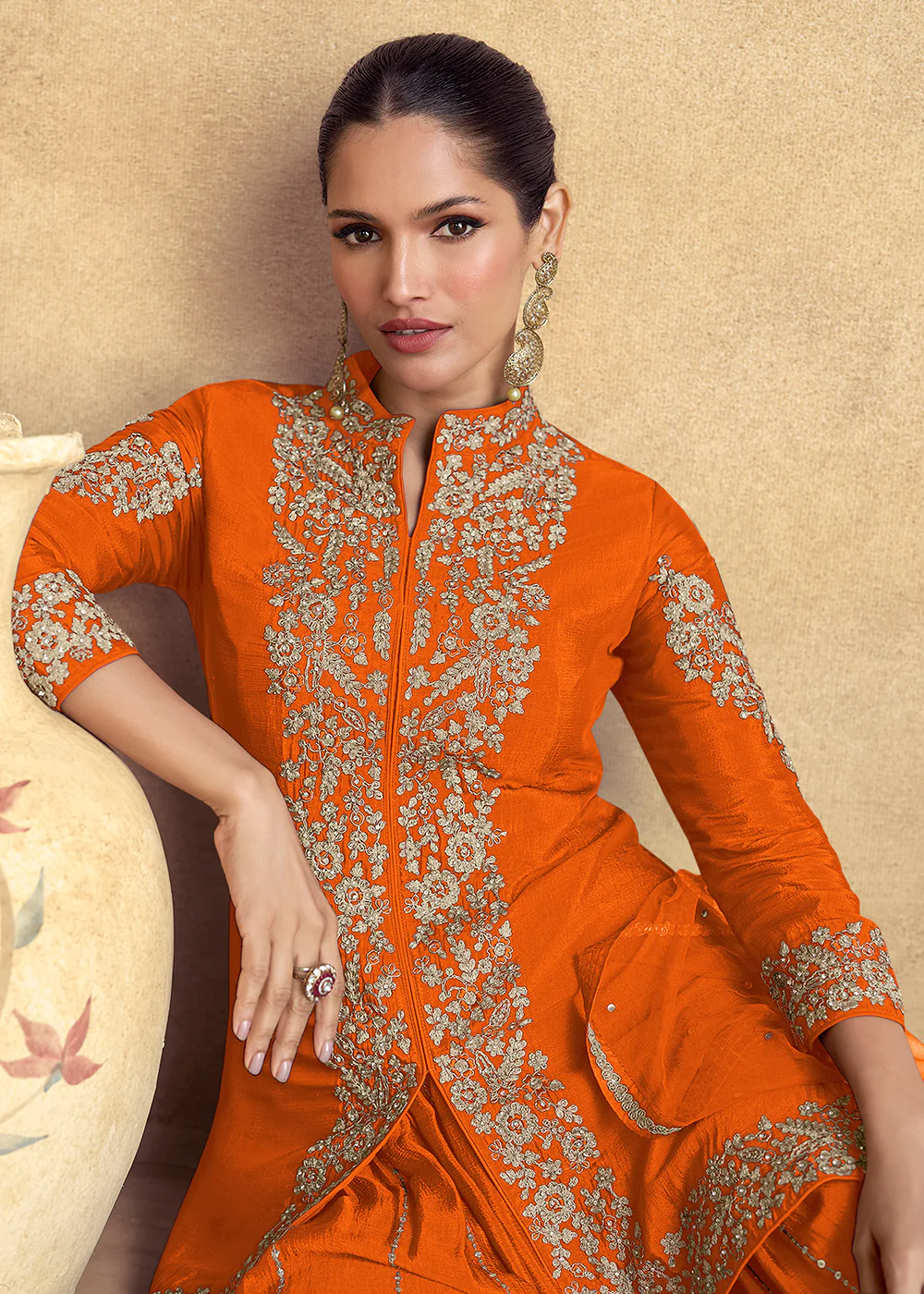 Orange Premium Chinnon Silk Festive Sharara Style Suit - Image 2