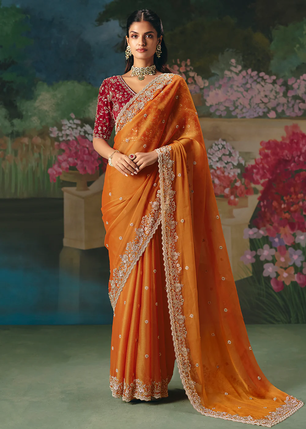 Orange Premium Fancy Fabric Embellished Designer Saree