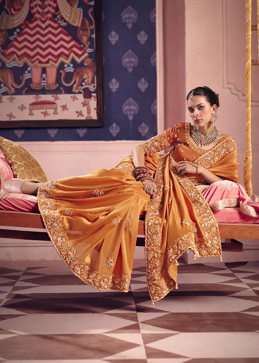 Orange Premium Tissue Zari Embroidered Designer Saree - Image 4
