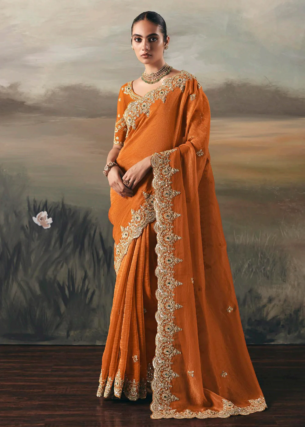 Orange Premium Tissue Zari Fabric Designer Saree