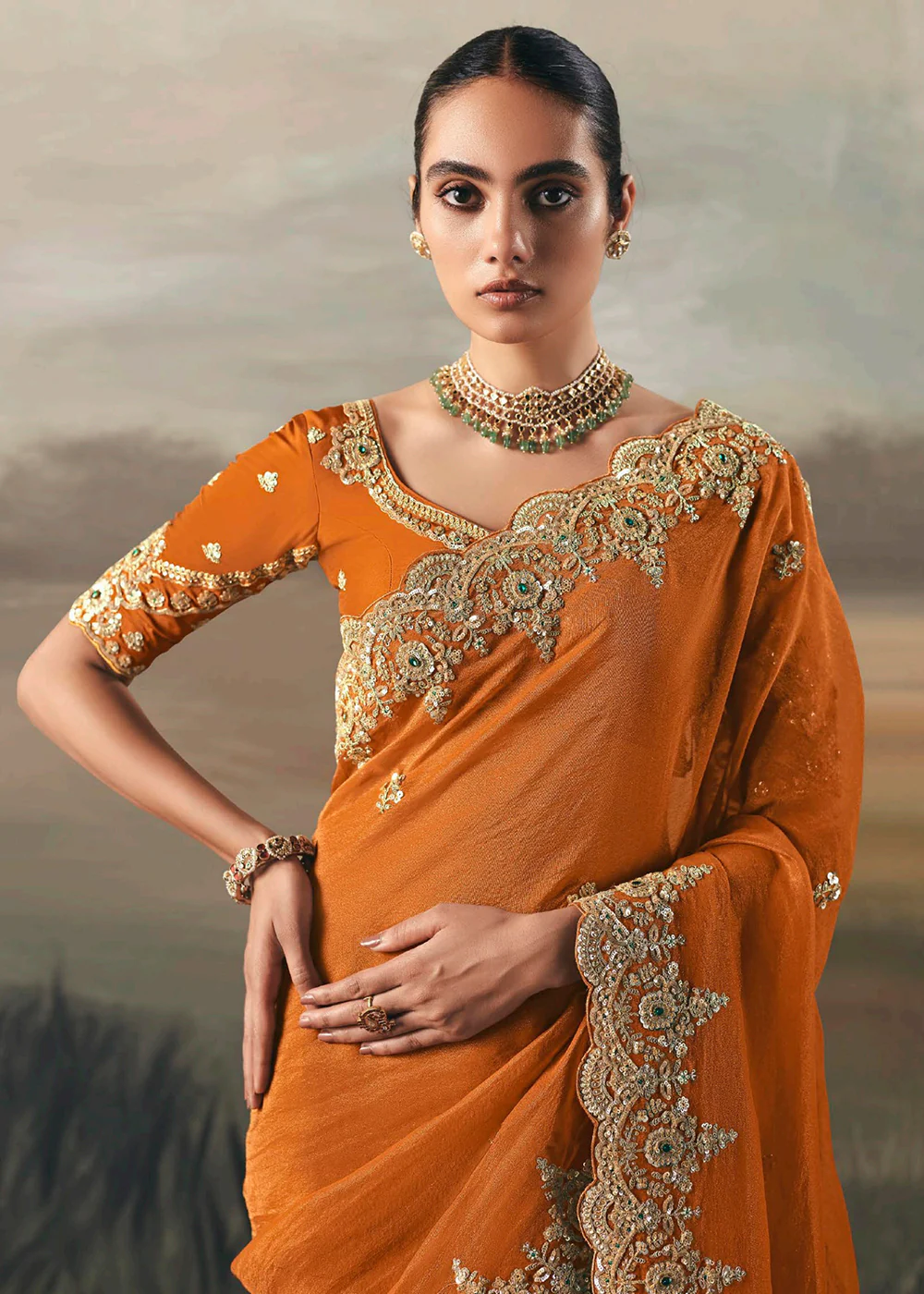 Orange Premium Tissue Zari Fabric Designer Saree - Image 2