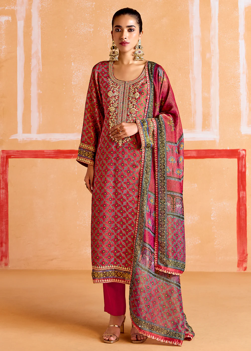 Orange Pure Muslin Embroidered Pakistani Style Suit