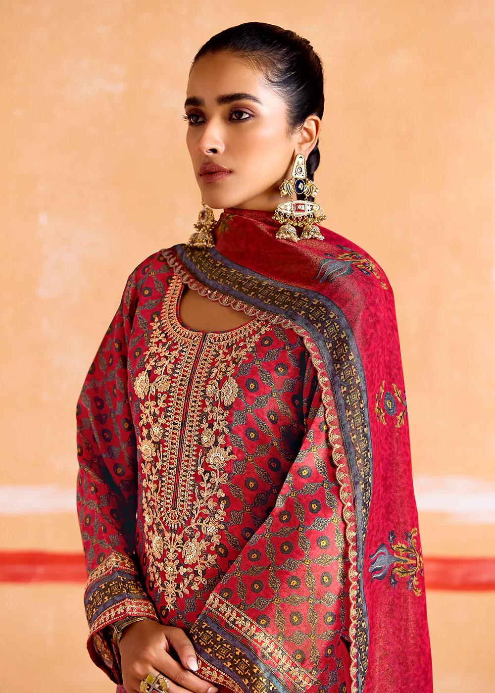 Orange Pure Muslin Embroidered Pakistani Style Suit - Image 2