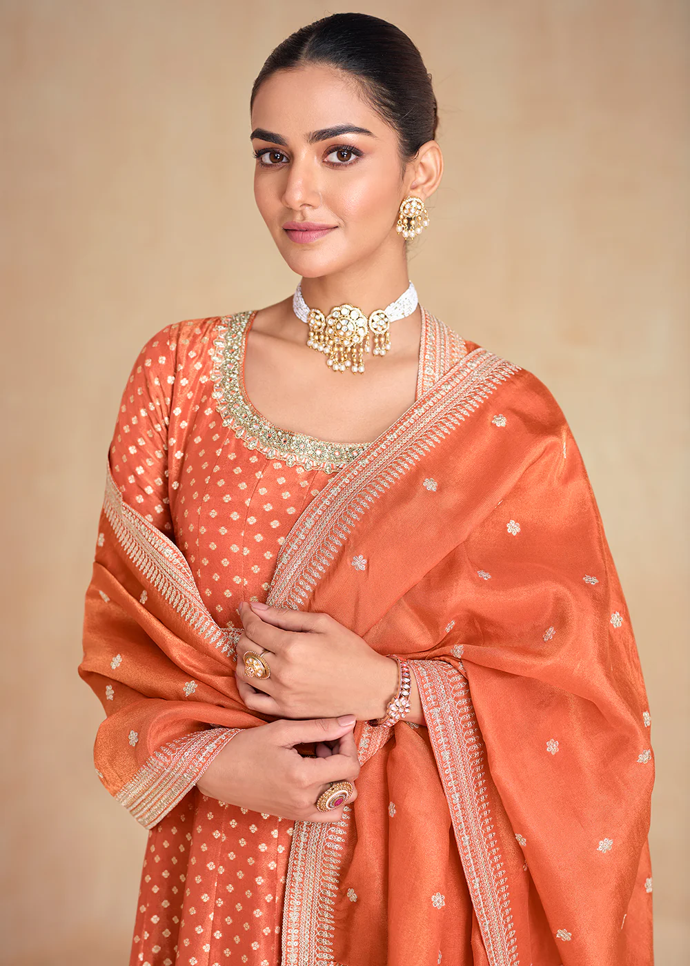 Orange Pure Organza Jacquard Silk Festive Anarkali Gown - Image 2