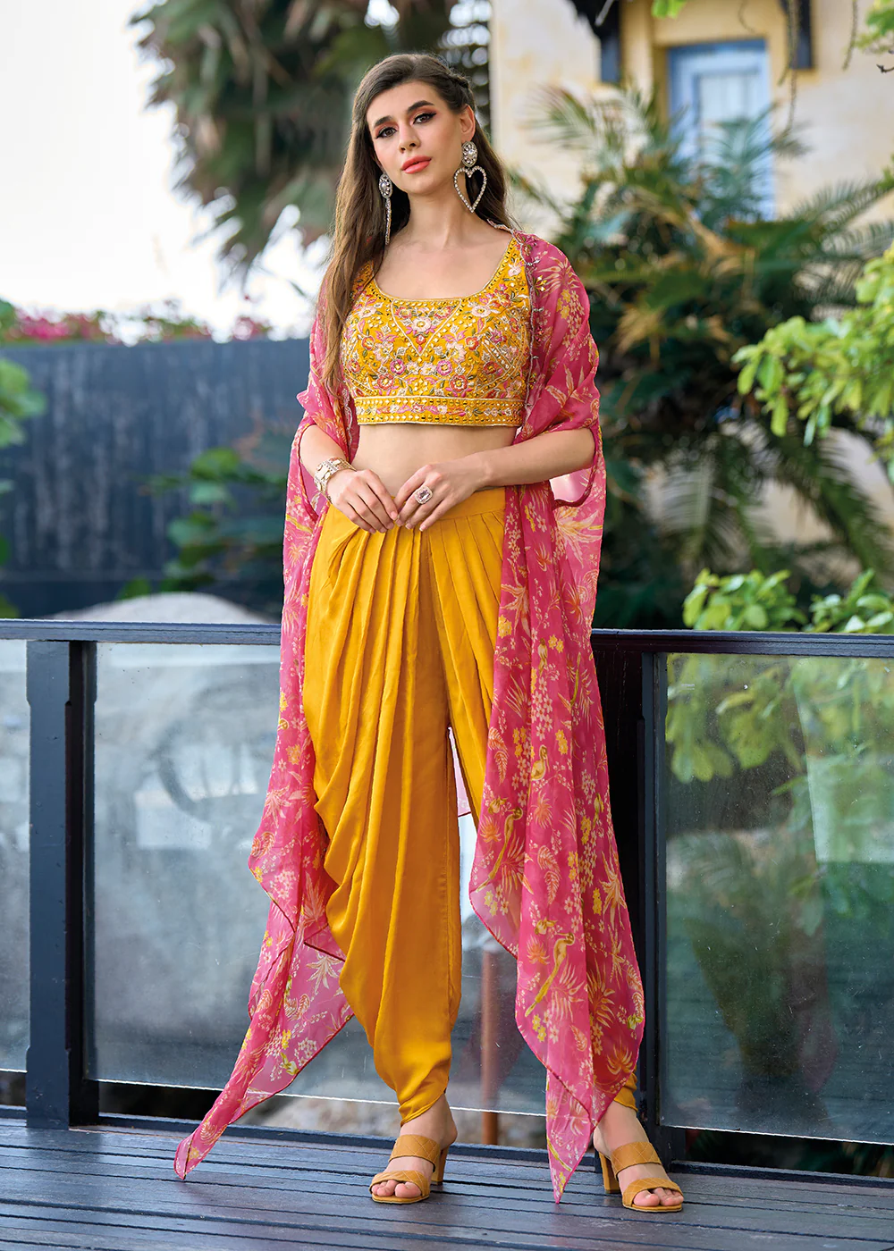 Orange Satin Silk Embroidered Dhoti Style Crop Top Suit - Image 3