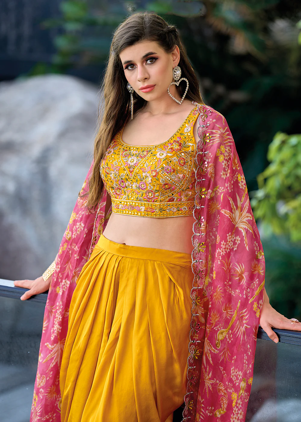 Orange Satin Silk Embroidered Dhoti Style Crop Top Suit - Image 4