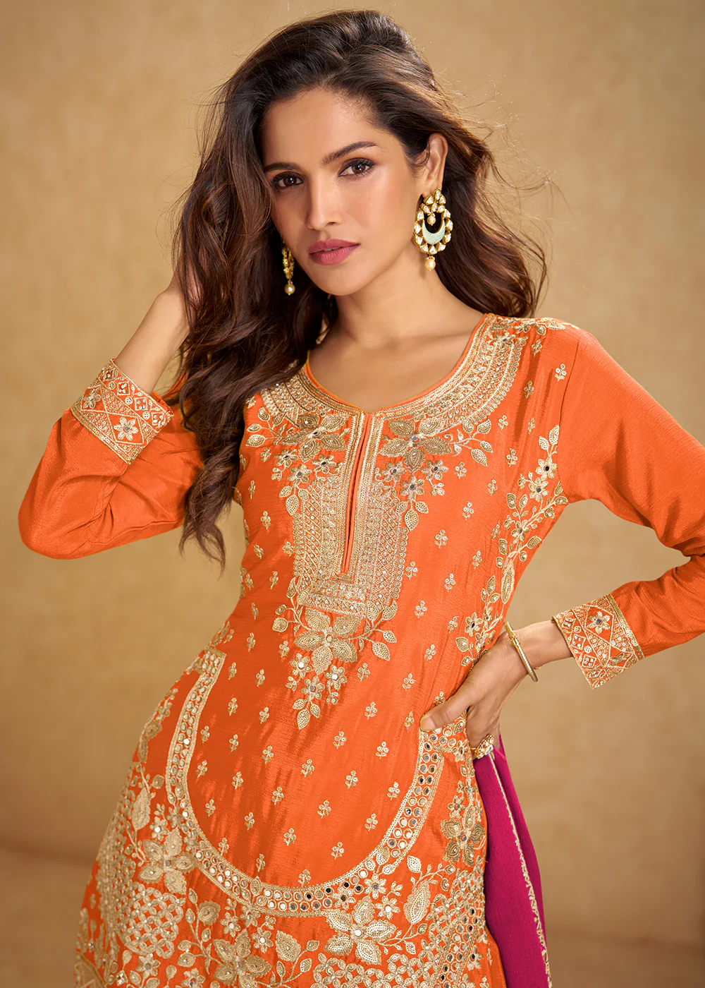Orange Short Top Style Chinnon Sangeet Palazzo Suit - Image 2