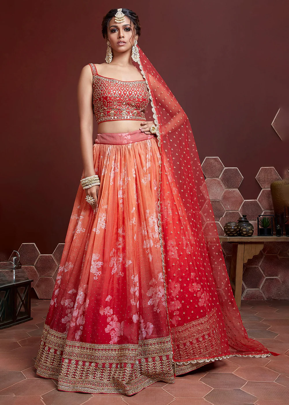 Orange Silk Embroidered Festive Party Wear Lehenga Choli