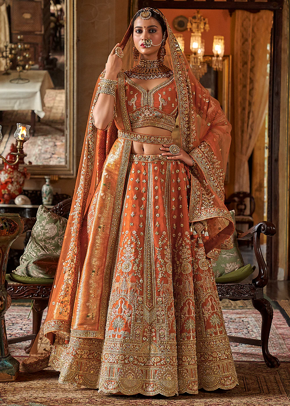 Orange Silk Heavily Embroidered Bridal Lehenga Choli