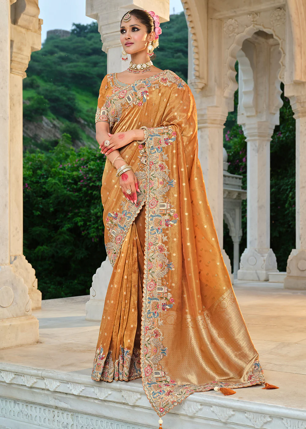 Orange Silk Khatli Embroidered Saree