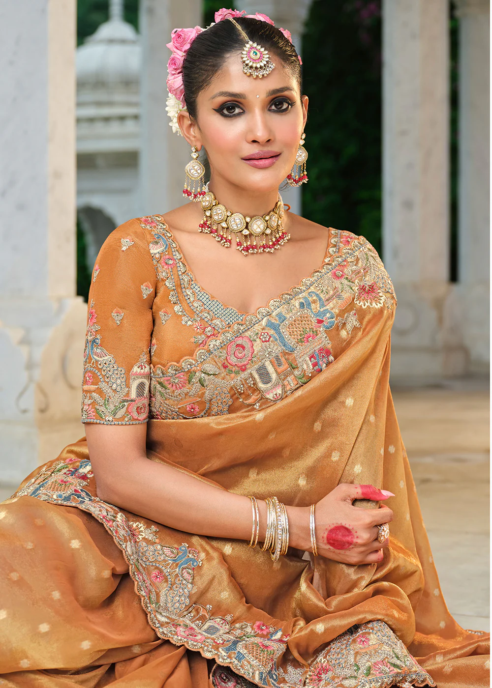 Orange Silk Khatli Embroidered Saree - Image 2