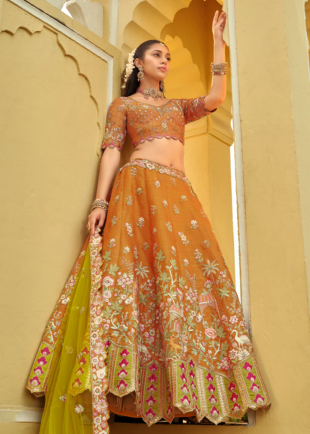 Orange Silk with Embroidered Bridal Lehenga Choli - Image 3