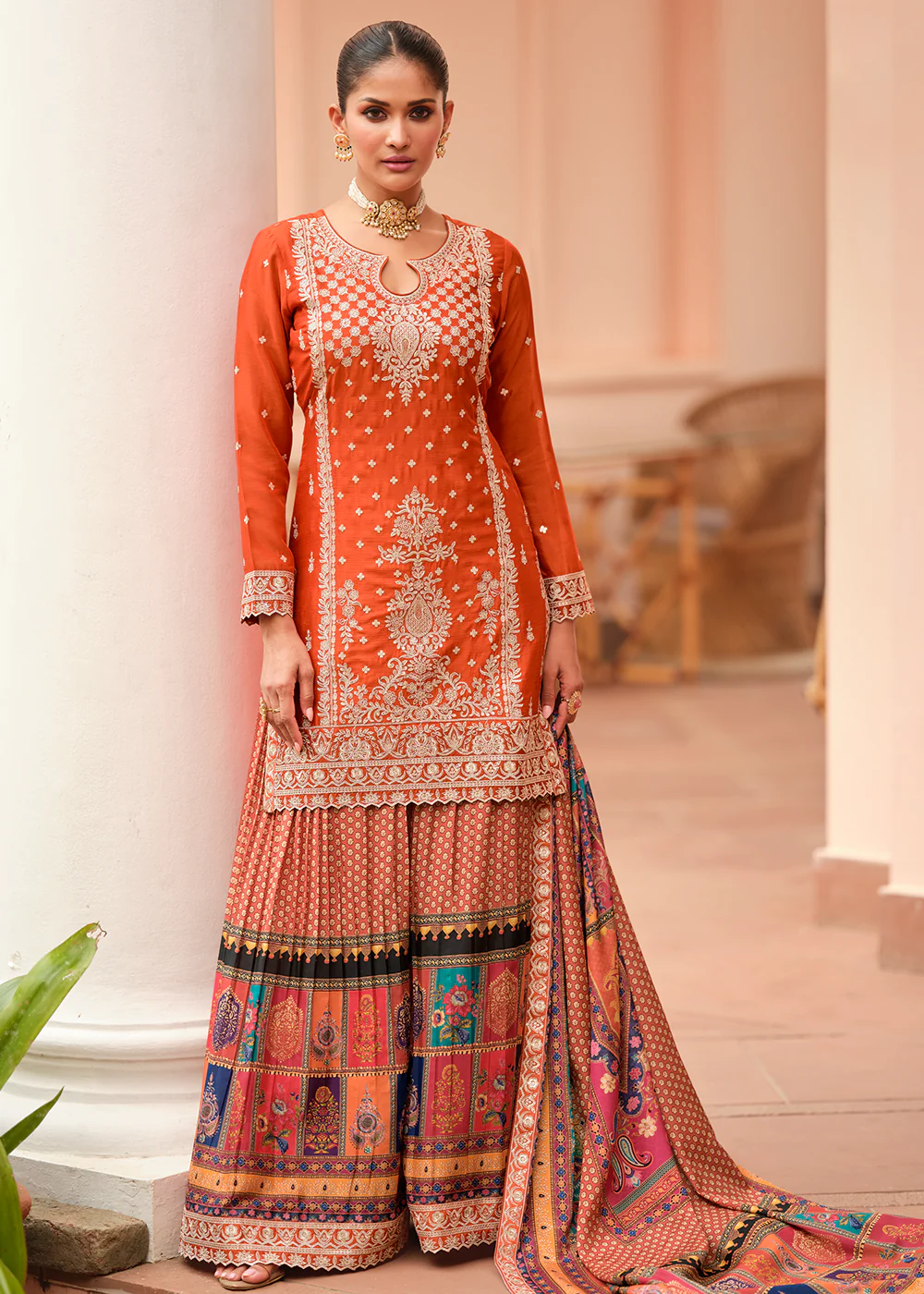 Orange Thread & Sequins with Print Work Festive Palazzo Suit