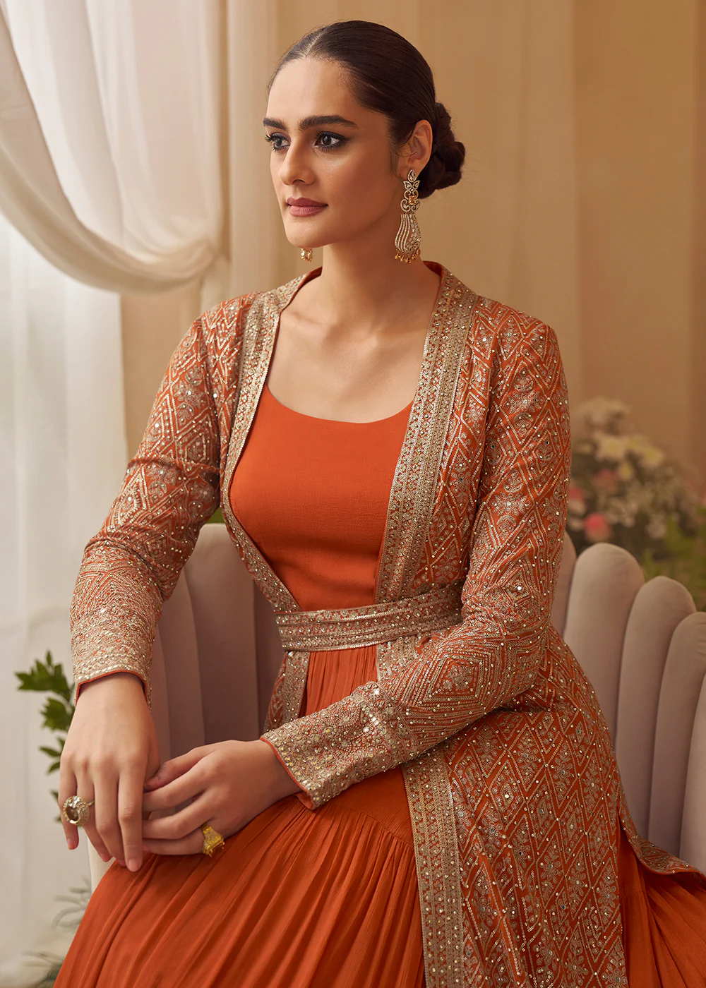 Orange Trendy Jacket Style Wedding Look Anarkali Suit - Image 4