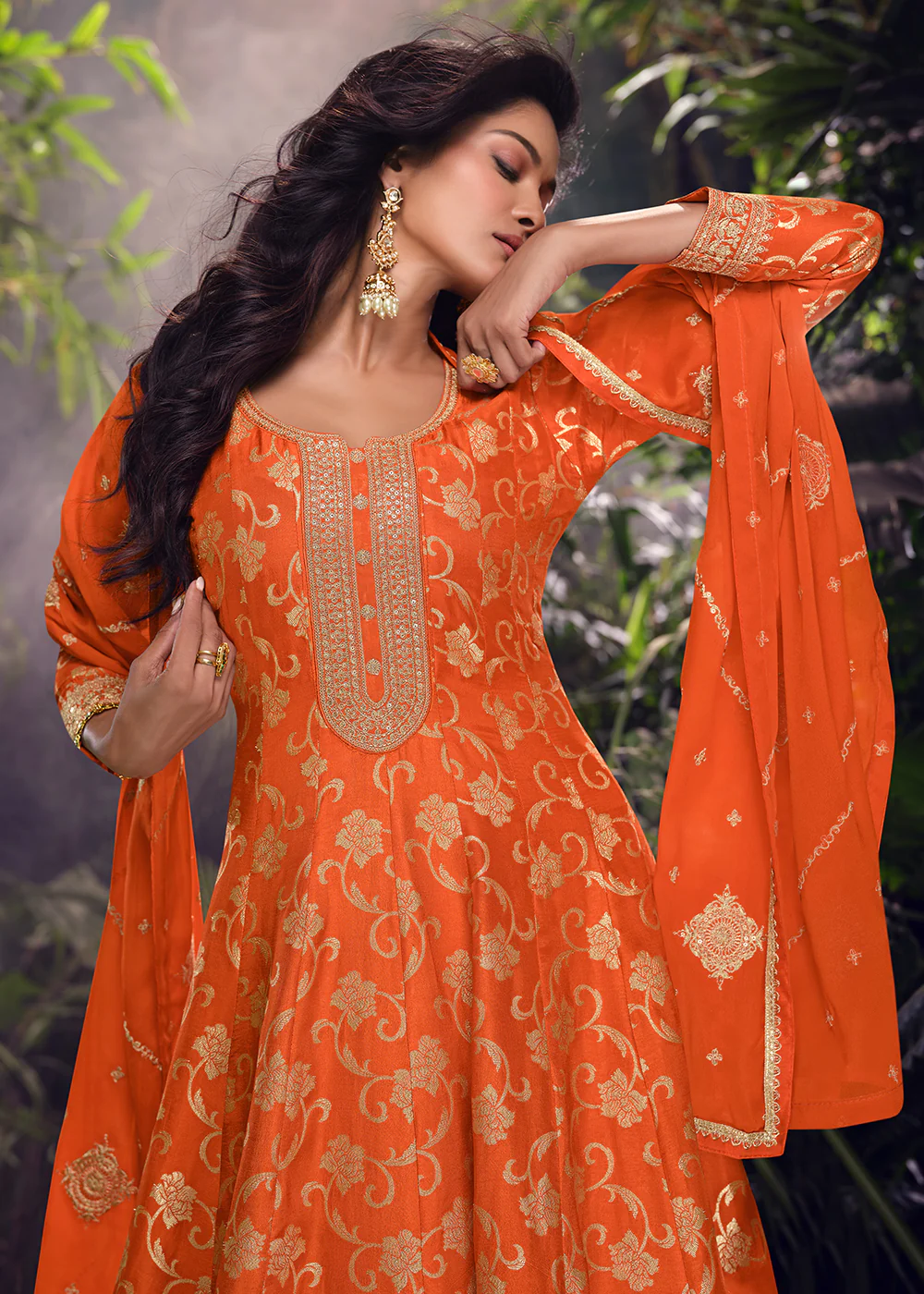 Orange Viscose Jacquard Silk Wedding Festive Palazzo Suit - Image 2