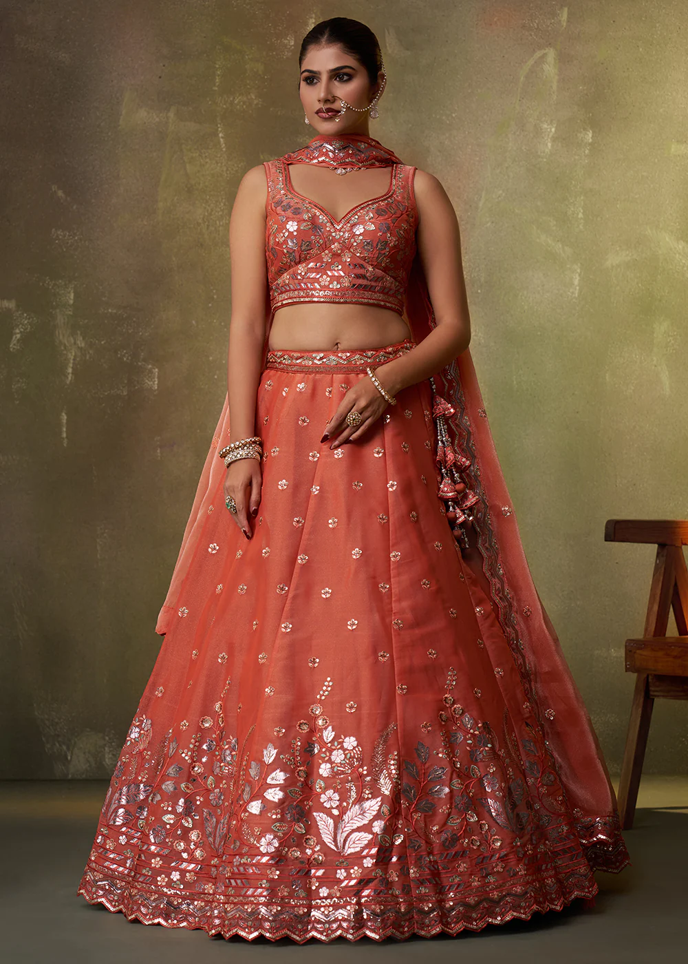 Orange Wedding Function Style Organza Lehenga Choli