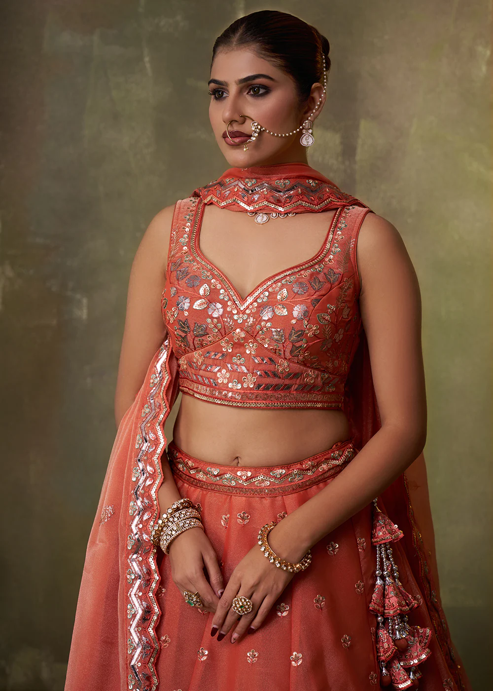 Orange Wedding Function Style Organza Lehenga Choli - Image 2