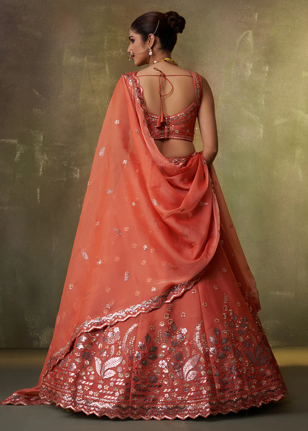 Orange Wedding Function Style Organza Lehenga Choli - Image 3