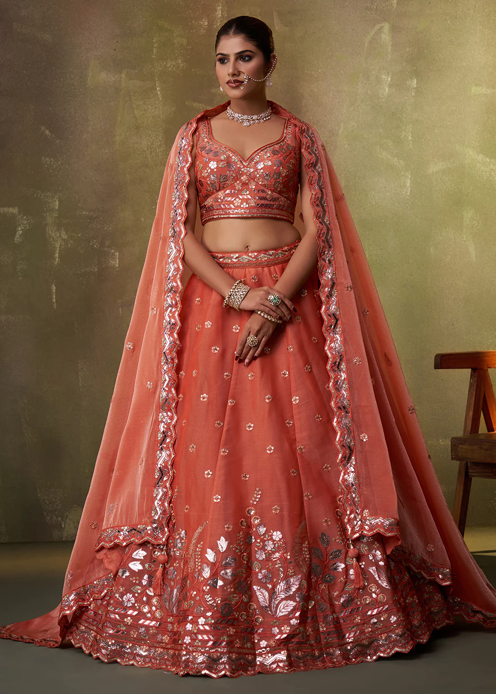 Orange Wedding Function Style Organza Lehenga Choli - Image 4