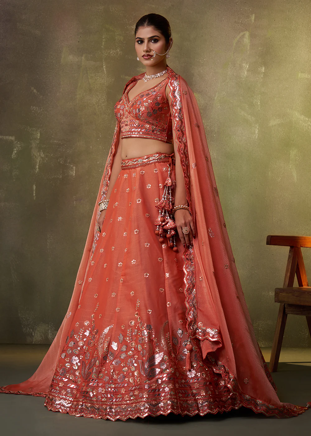 Orange Wedding Function Style Organza Lehenga Choli - Image 5