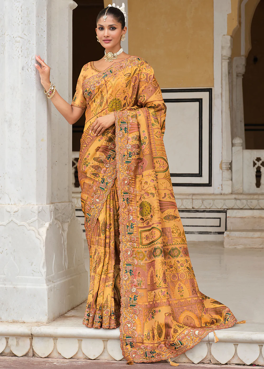 Orange & Yellow Silk Khatli Embroidered Saree