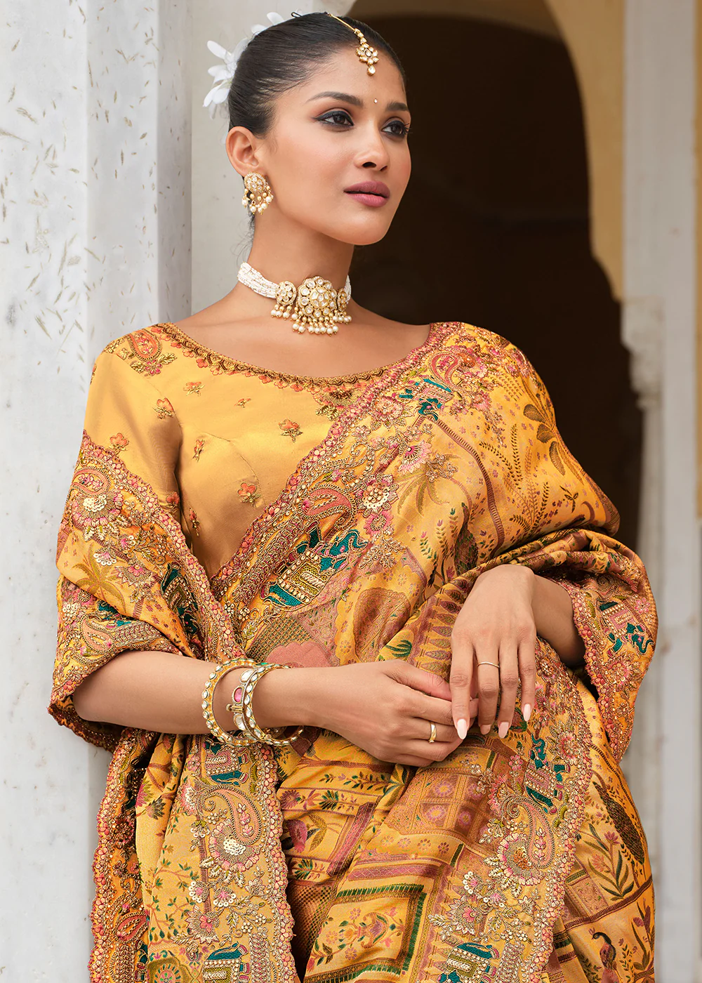 Orange & Yellow Silk Khatli Embroidered Saree - Image 2