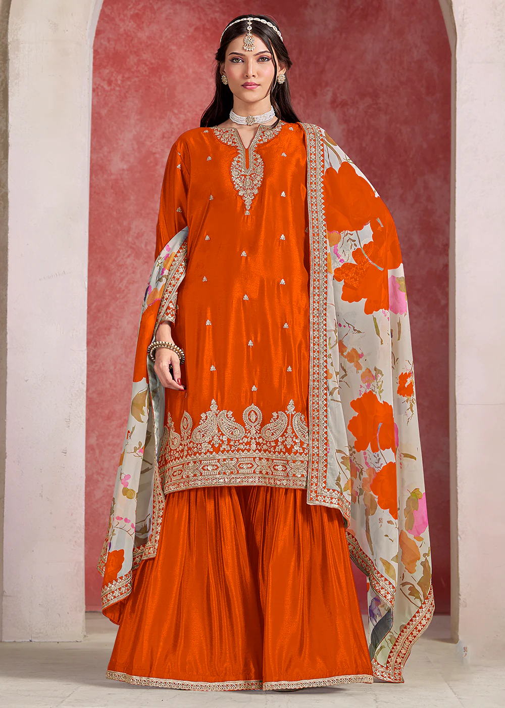 Orange Zari Threads Work Festive Gharara Style Suit