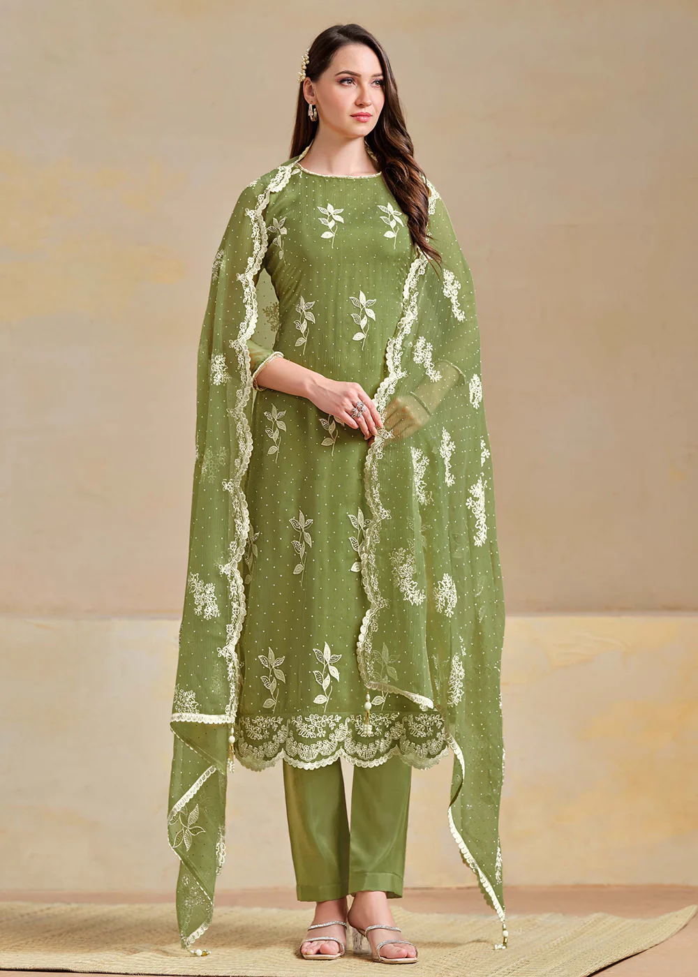 Organza Chiffon Green Swarovski Work Festive Salwar Suit