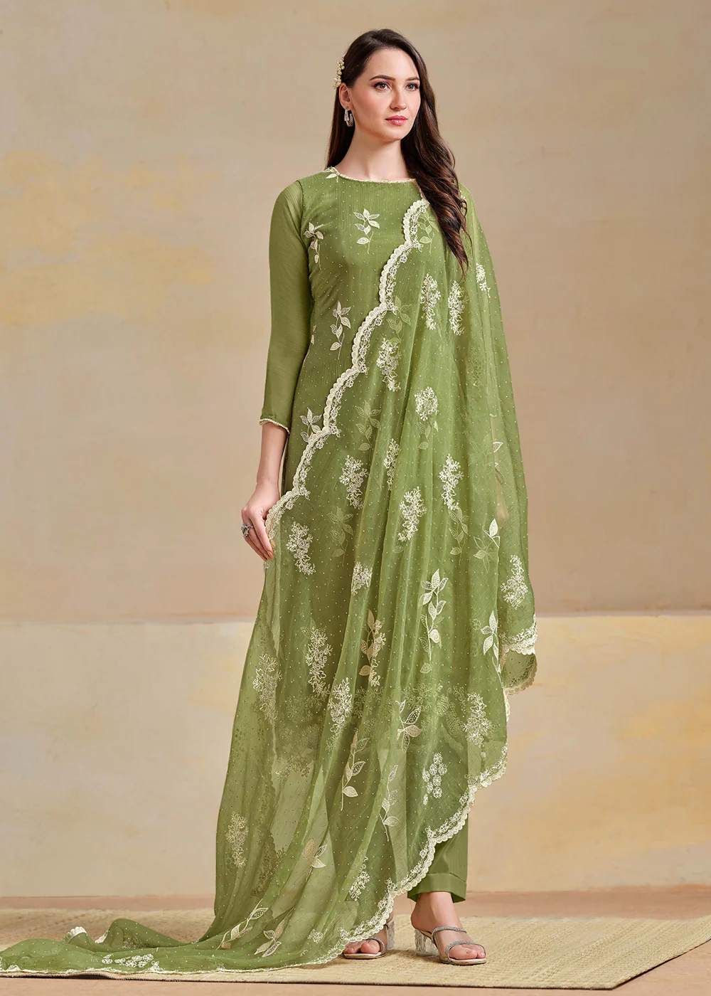 Organza Chiffon Green Swarovski Work Festive Salwar Suit - Image 3