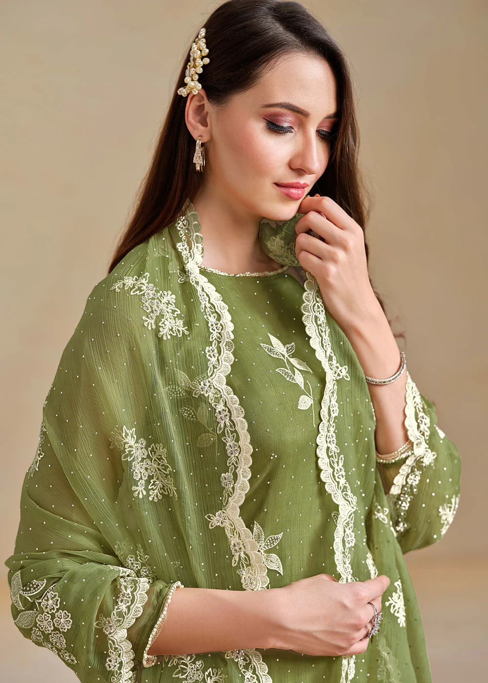 Organza Chiffon Green Swarovski Work Festive Salwar Suit - Image 4