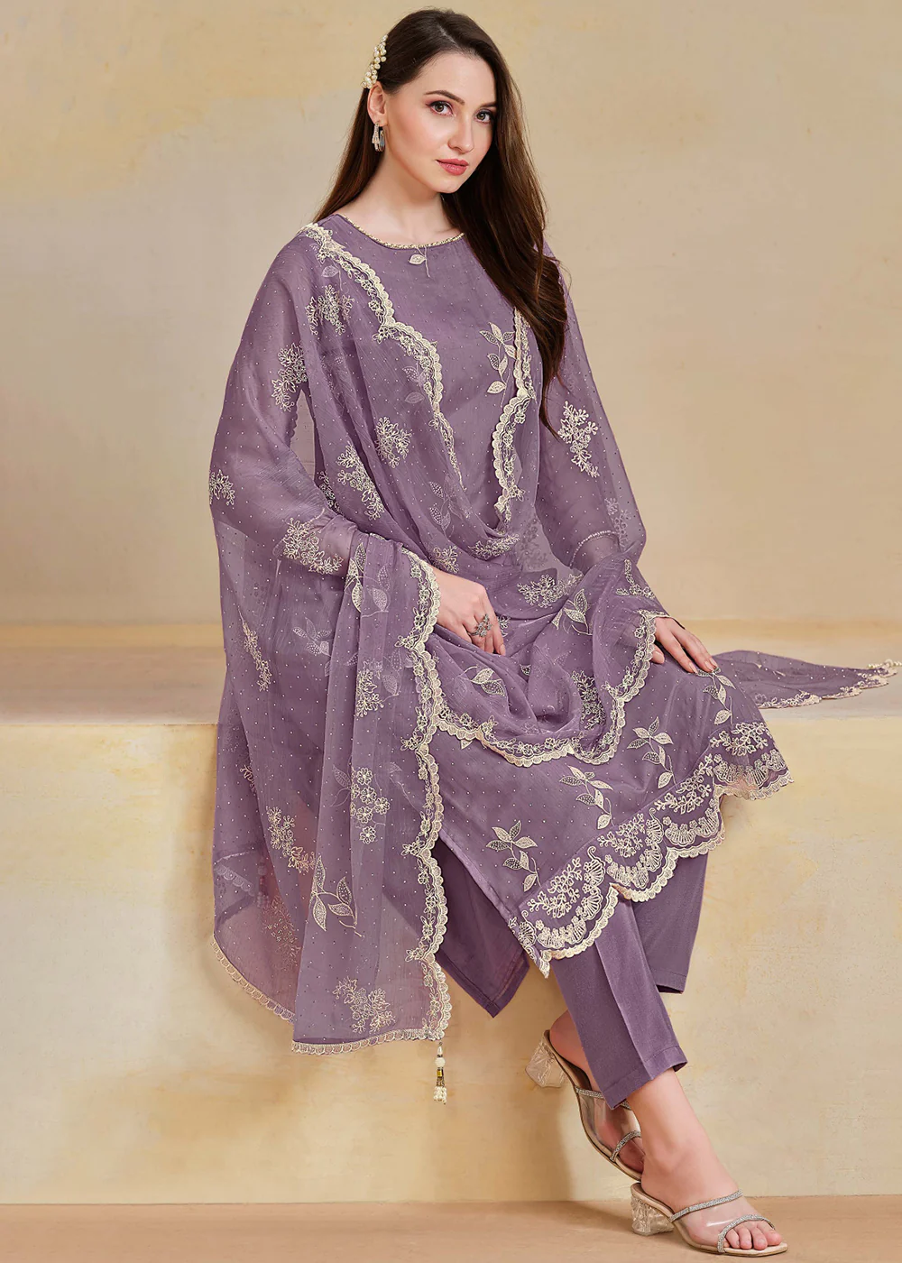 Organza Chiffon Mauve Swarovski Work Festive Salwar Suit - Image 3