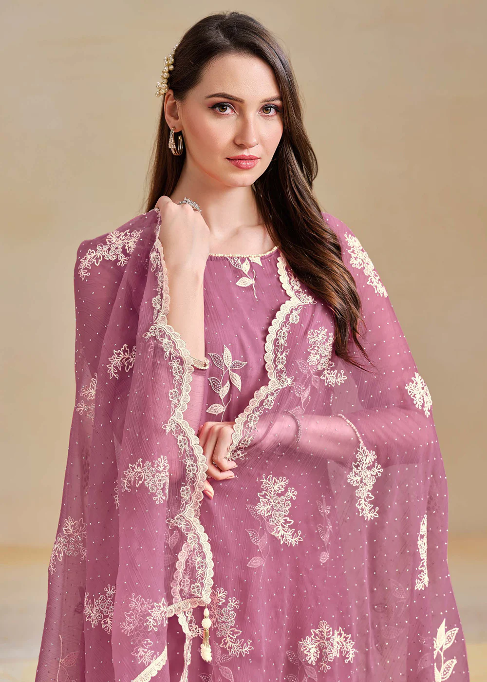 Organza Chiffon Purple Swarovski Work Festive Salwar Suit - Image 2