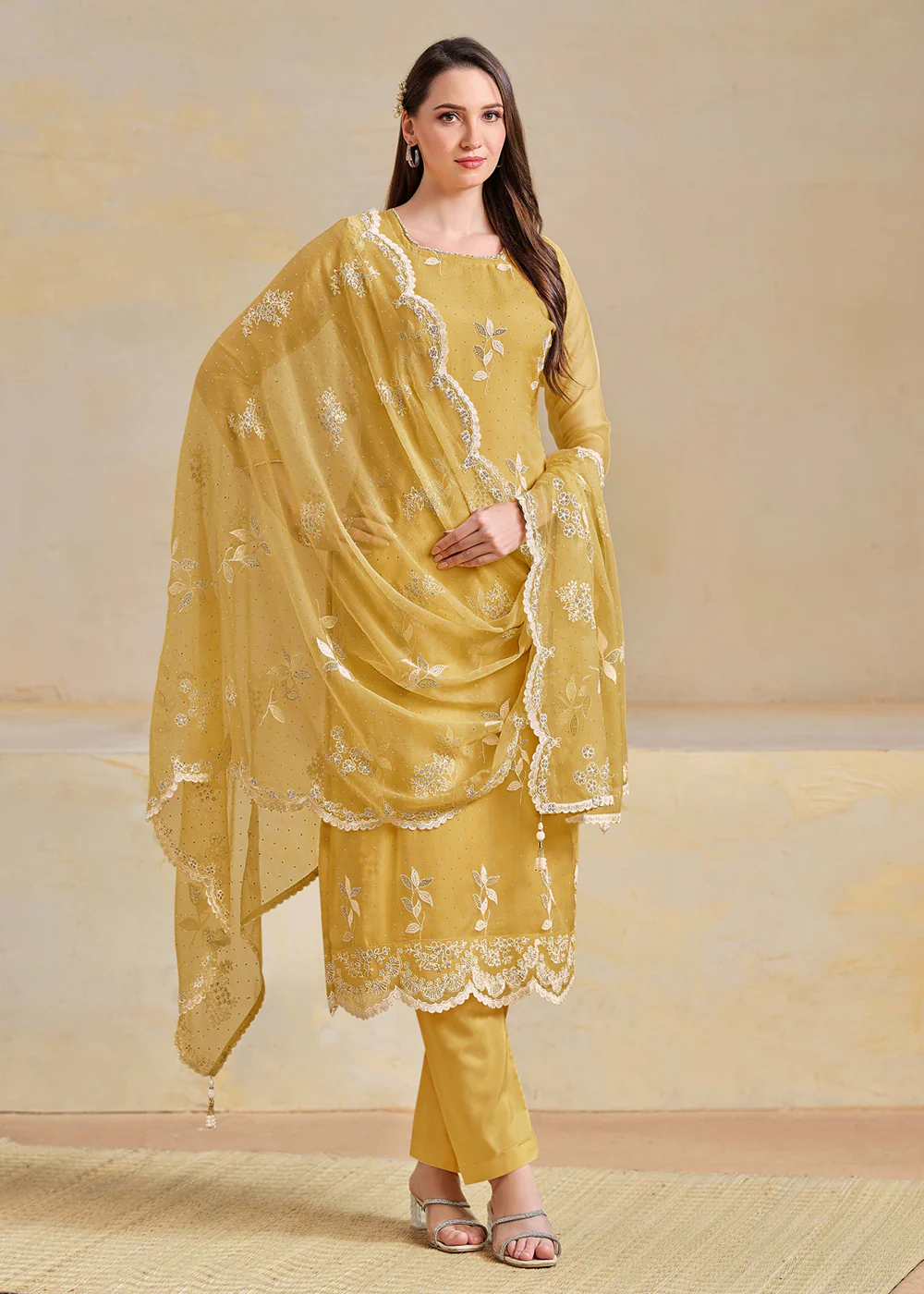 Organza Chiffon Yellow Swarovski Work Festive Salwar Suit