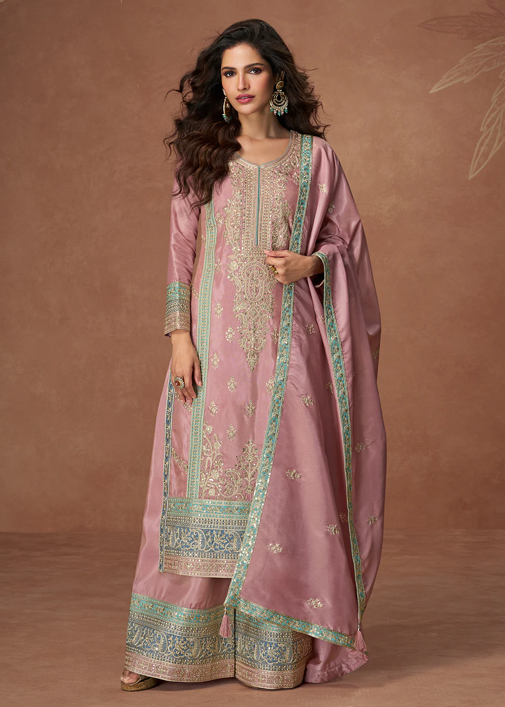 Organza Shimmer Silk Pink Embroidered Palazzo Style Suit