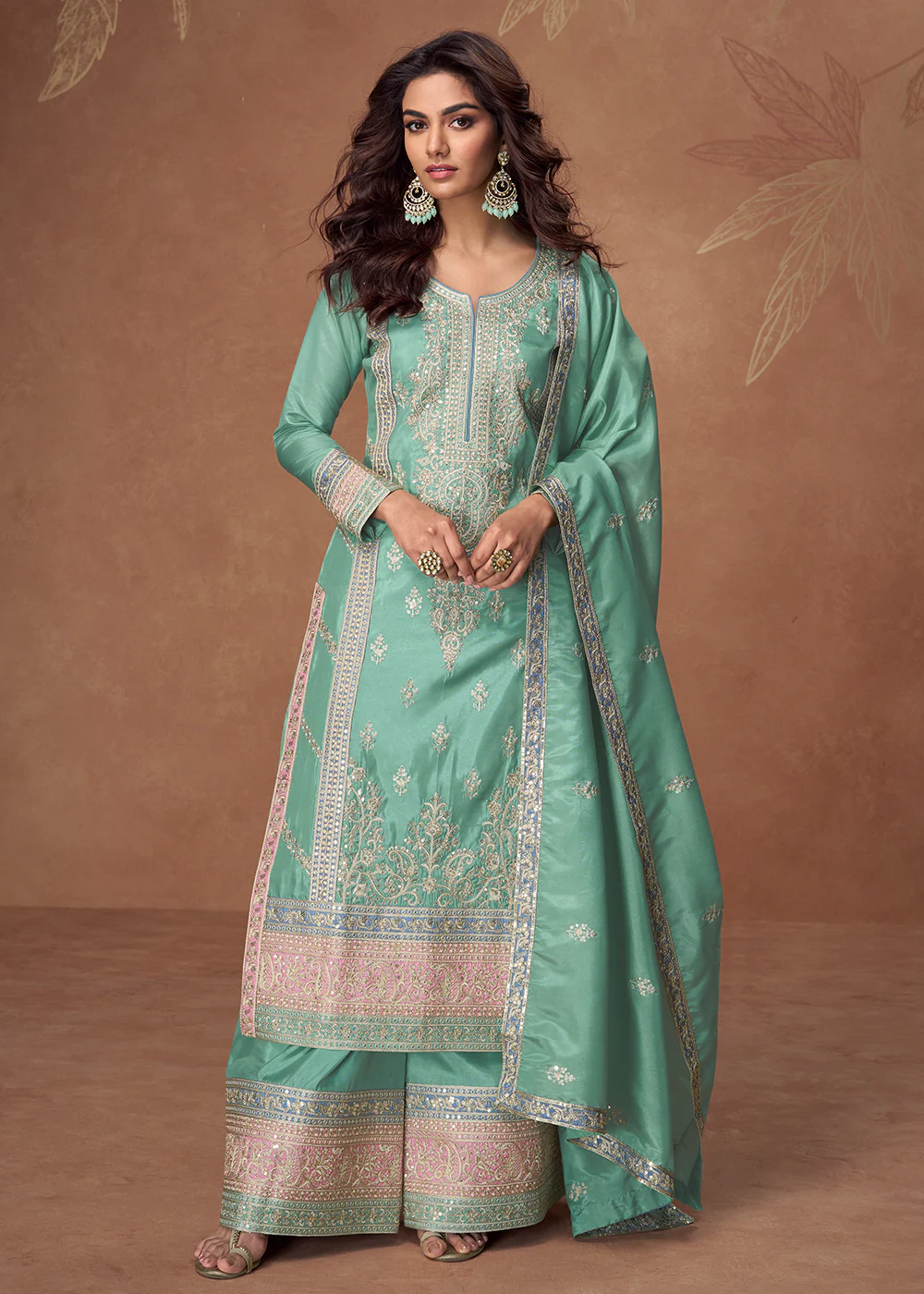 Organza Shimmer Silk Turquoise Embroidered Palazzo Style Suit