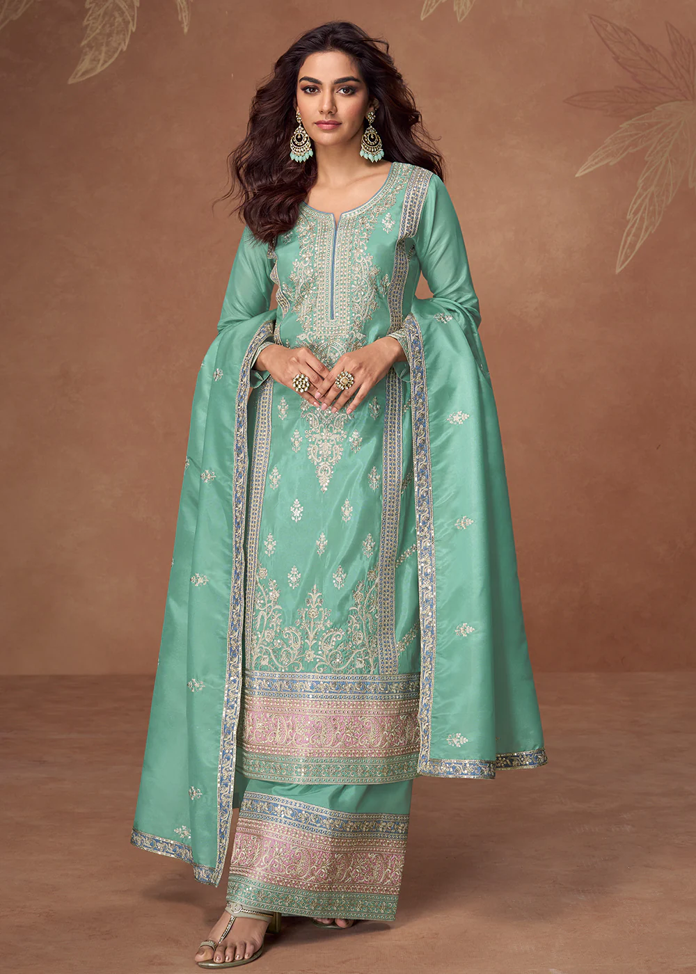 Organza Shimmer Silk Turquoise Embroidered Palazzo Style Suit - Image 3