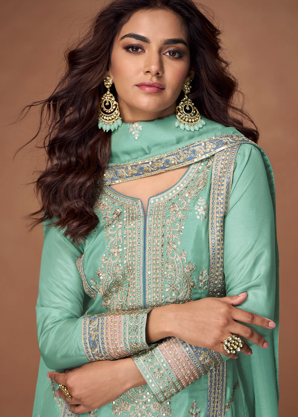Organza Shimmer Silk Turquoise Embroidered Palazzo Style Suit - Image 4