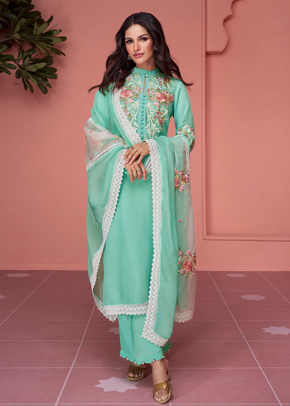 Organza Silk Aqua Green Pakistani Style Salwar Suit