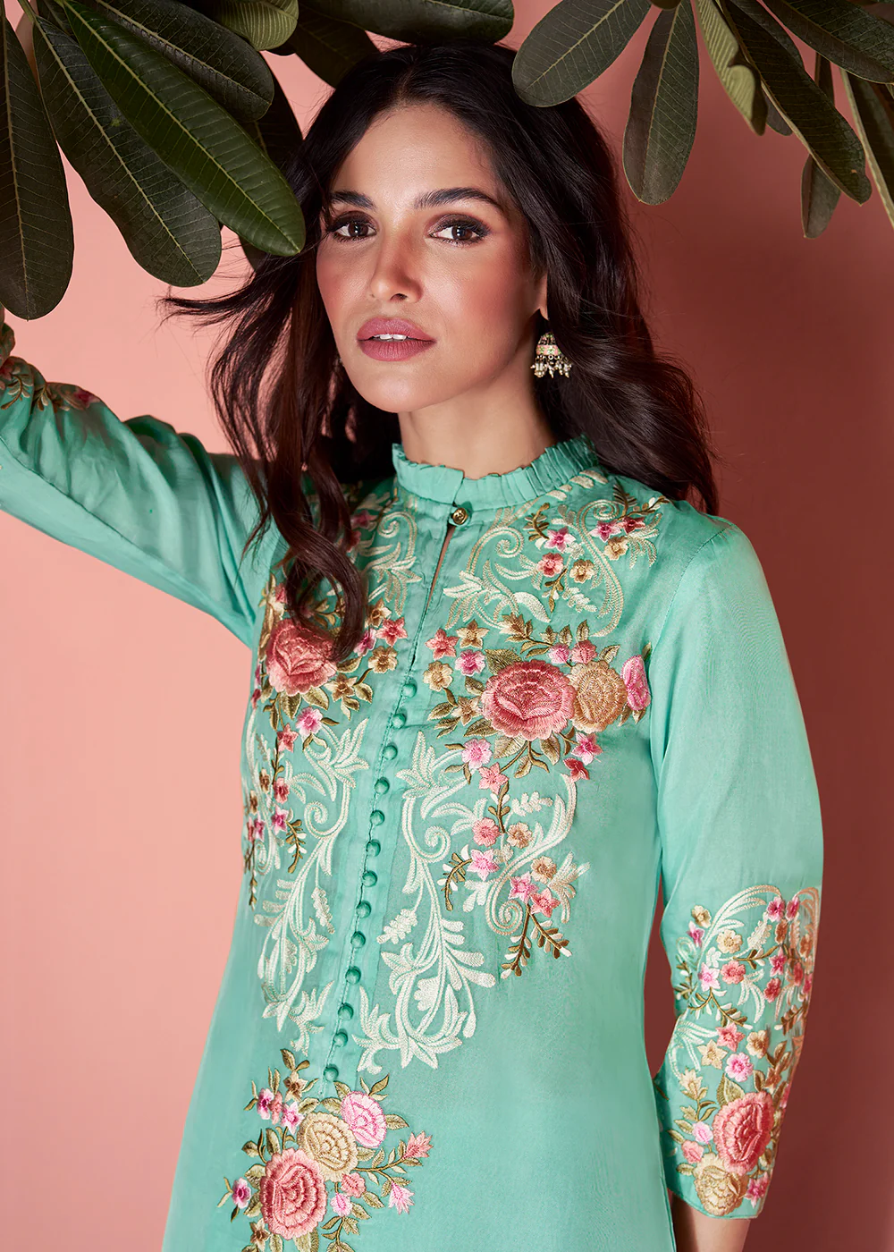 Organza Silk Aqua Green Pakistani Style Salwar Suit - Image 2