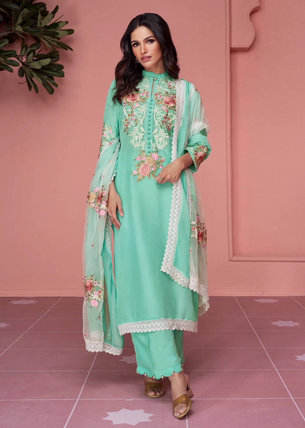 Organza Silk Aqua Green Pakistani Style Salwar Suit - Image 3