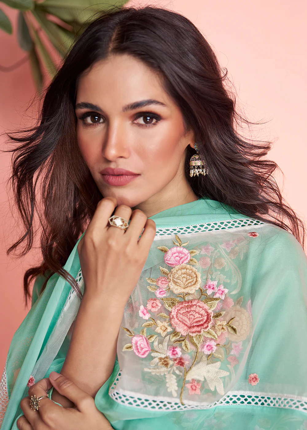 Organza Silk Aqua Green Pakistani Style Salwar Suit - Image 4
