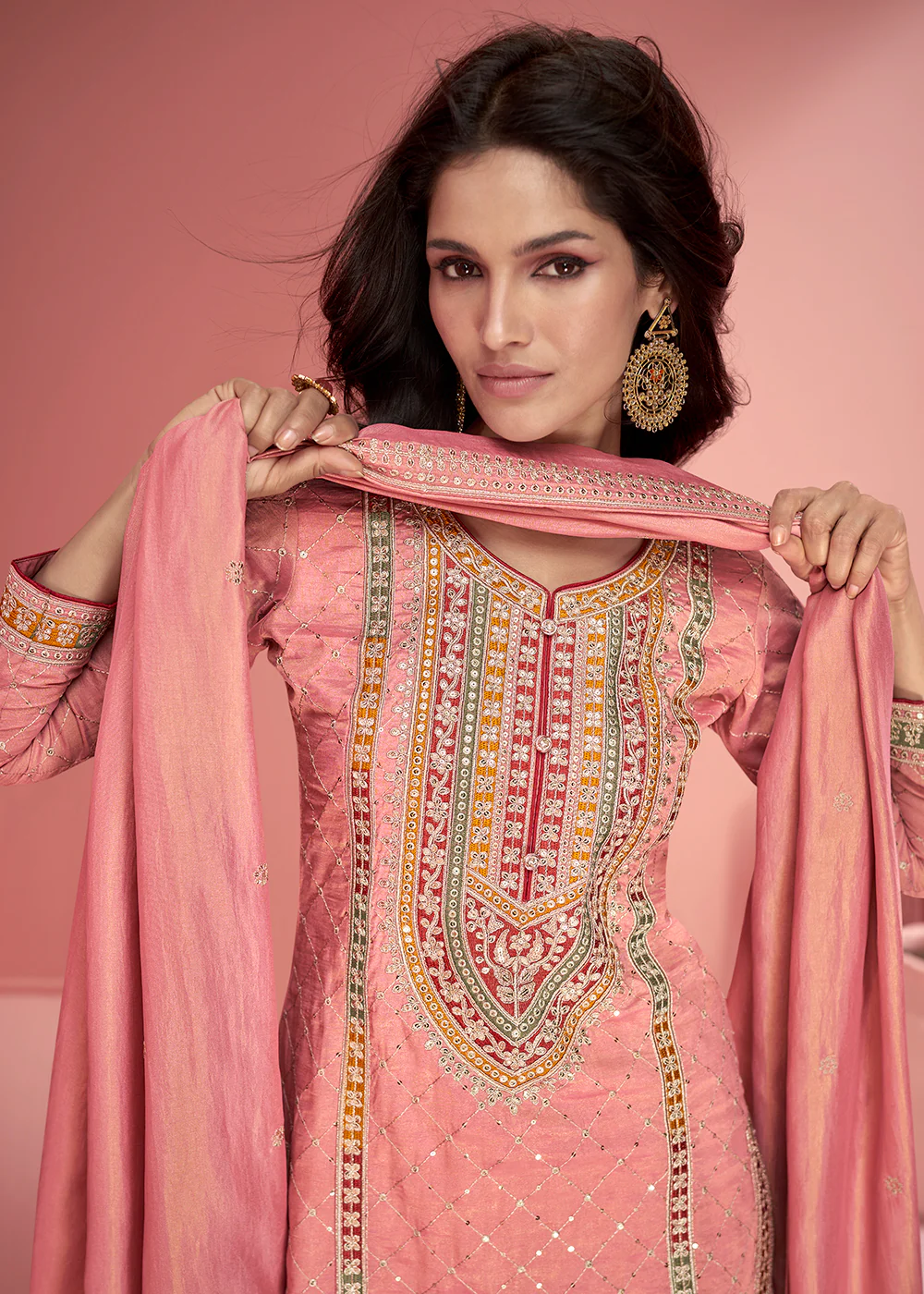 Organza Silk Coral Pink Embroidered Designer Palazzo Suit - Image 2