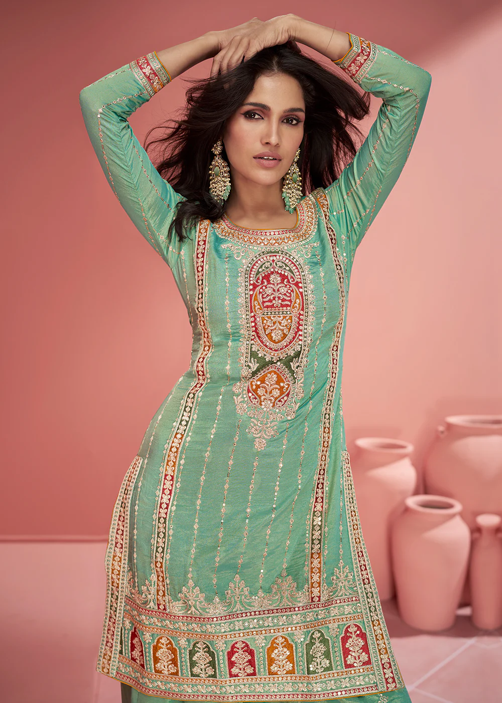 Organza Silk Mint Green Embroidered Designer Palazzo Suit - Image 3