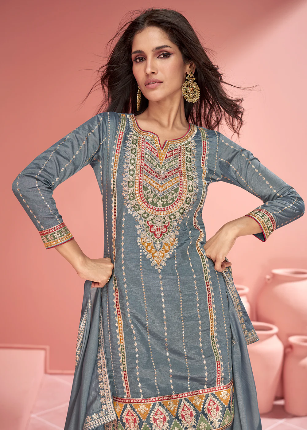 Organza Silk Steel Grey Embroidered Designer Palazzo Suit - Image 2