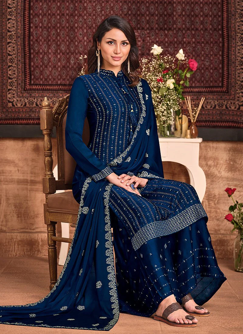 Oxford Blue Sequins Embroidered Sharara Suit - Image 3